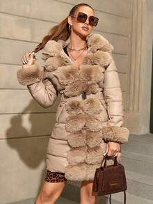Abrigo parka con capucha elegante para mujer de talla grande con ribete de piel sintética y cinturón, perfecto para otoño/invierno - Albaricoque - Ver 4