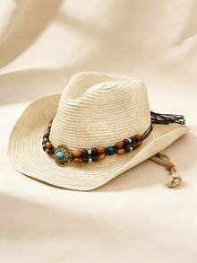 1pc Unisex Wide Brimmed Straw Hat, Sun Protection Western Cowboy Hat/Cowboy Hat, Summer Beach Sun Protection Rope Hat, Portable Folding Design,The Color Of The Windproof Rope For The Hat Is Random. - Beaded Straw Hat - View 8