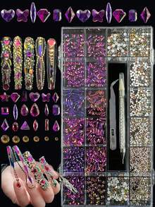 KIRAME 21 Compartments DIY Nail Art K9 Glass Colored Flat Bottom Rhinestone Set - 30pcs High Gloss Rhinestones Per Style, Includes 1 Dotting Pen And 1 Tweezer, Nail Gems, Nail Salon, Home Manicure, Nail Art Supplies, Christmas, New Year, Valentine's Day Nail Art, Holiday Gift, Suitable For Crafts, Clothing, Textiles, Shoes, Glassware, Jewelry Making - Multi-Size Sparkling Decorations Nails - 彩色 - 查看 5
