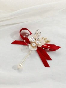 1 chiếc hoa cài áo hình lá tam giác màu trắng với ruy băng đỏ và hạt cườm, thanh lịch dành cho chú rể, phù rể, cô dâu, phù dâu, đám cưới, tiệc tùng và sử dụng hàng ngày. - Đỏ - Xem 1