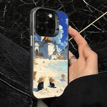 Funda de Teléfono Escena de Playa del Castillo Blanco con Gatos Usando Sombreros Impresión para iPhone 14 13 12 11 Pro Max y  Galaxy S23 S22 S21 Plus Opción de Regalo Ideal para Todas las Estaciones - Negro - Ver 4