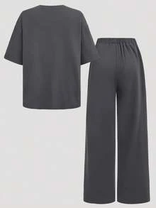 Conjunto de top de manga corta y pantalones con estampado de corazón para niña adolescente - Gris Oscuro - Ver 2