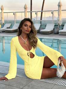 Casual Romantic Holiday Style Hollow Semi-Transparent Design Long Sleeve Bodycon Dress For Women, Spring/Summer - Yellow - View 4