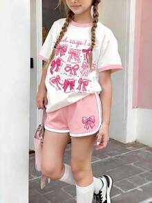 2pcs/Set Girls' Creative Bow Print T-Shirt And Shorts, Suitable For Summer, Spring/Summer New Outdoor Casual Wear - Multicolor - View 10
