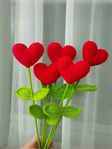 1件红色手工钩织心形花束 - 毛线花朵配绿色茎秆，情人节和母亲节礼物，特殊场合家居装饰，均码 - 彩色 - 查看 3