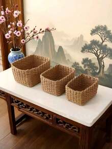 Bộ 3 giỏ đựng đồ đan tay màu be, thích hợp cho phòng tắm, phòng ngủ, phòng khách, văn phòng | Thùng rác trang trí bằng mây, có thể dùng cho kệ, tủ đựng đồ, ngăn kéo | Giải pháp tiết kiệm không gian đa năng | Ý tưởng quà tặng, giỏ đựng đồ - Lạc đà - Xem 4