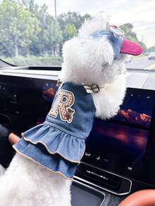 PETCIRCLE 2件套宠物服装，狗狗猫咪套装，小型犬幼犬服装，可爱舒适的连衣裙，带有字母熊装饰和白色时尚眼镜帽 - 彩色 - 查看 4