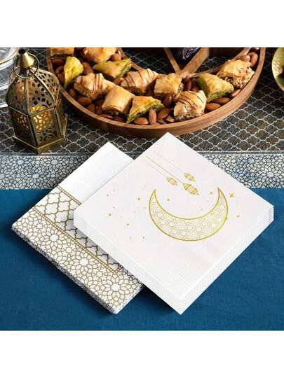 25PCS/1 Bag Of Printed Paper Towel - White Moon Disposable Double-Layer Party Paper Towel, Suitable For Table Decoration, Family Gatherings And Lantern Themed Activities In Summer And Winter, Necessary For Table Decoration On Mid-Autumn Festival, Ramadan And Eid Al Fitr