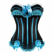 Jutrisujo Corsets For Women Tops Plus Size Stripe Lace Up Overbust Bustier ZipperLingerie Halloween Costumes - 8068-Light blue - 查看 8