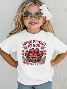 Clothing For Girls Aged 5 To 14 Years, Spring-Summer, Casual Round Neck Short Sleeve Top, Strawberry Print T-Shirt Adorned With Flowers, Everyday Fashion, Blouses For Girls, Suitable Clothing For Both Home And Outdoor Use. - 紅白色 - 查看 1