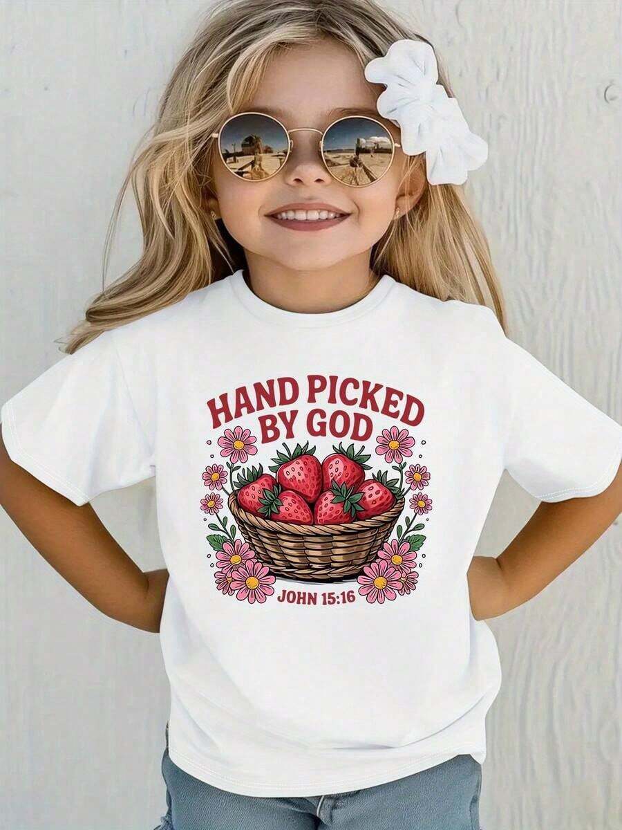 Clothing For Girls Aged 5 To 14 Years, Spring-Summer, Casual Round Neck Short Sleeve Top, Strawberry Print T-Shirt Adorned With Flowers, Everyday Fashion, Blouses For Girls, Suitable Clothing For Both Home And Outdoor Use. - 紅白色 - 查看 1