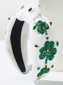 1pc Solid Color Fabric Wide Brim Knotted Headband, Fashionable Irish Festival Headpiece With Beaded Shamrock Jewel Decoration, Green Series, Versatile For Holiday - White - View 2