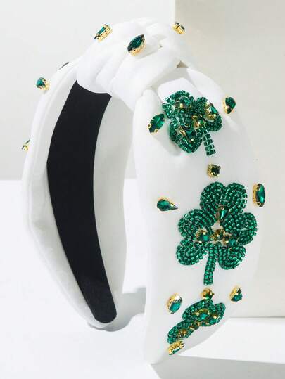 1件纯色宽檐打结布艺发箍，时尚爱尔兰节日头饰，饰有串珠三叶草宝石装饰，绿色系列，适合各种节日场合