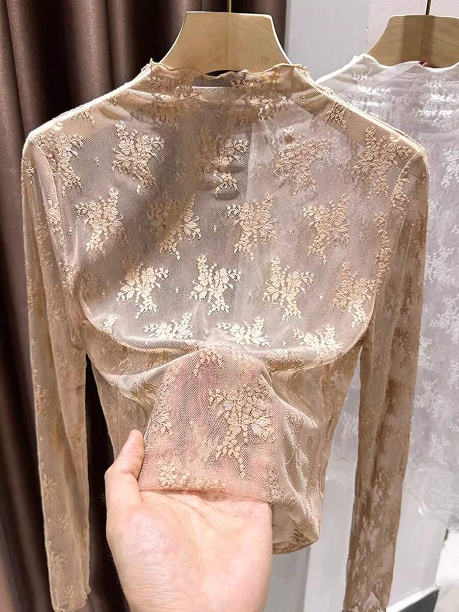 2025 New Arrival Women's Lace Mock Neck Layering Mesh Sheer Long Sleeve Slim Fit Undershirt, Spring/Summer/Autumn - Khaki - View 1