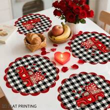 2/4/6/60pcs Round Placemats, Suitable For Dining Table, 13.8inch*35cm, Buffalo Plaid Heart Truck Design, Ideal For Restaurants, Kitchens, Dinner Parties And Various Occasions, Can Be Used As Valentine's Day Dining And Holiday Decorations - Multicolor - View 2