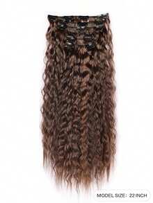 22-Inch Artificial Curly Hair Clip-On Wig Set - Long Wavy Clip-On Hair Cap - Hair - 6-Piece Clip-On Full Head Cover - Brown - View 2