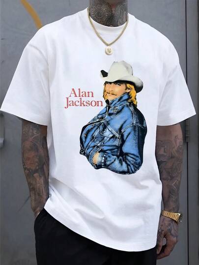 A High-Quality 100% Cotton Summer Men's T-Shirt, Dressed In A Denim Style Music Singer Print Pattern, Conveying The Nostalgic Texture Of Country Music Culture, Suitable For People Who Love Country Music To Wear.