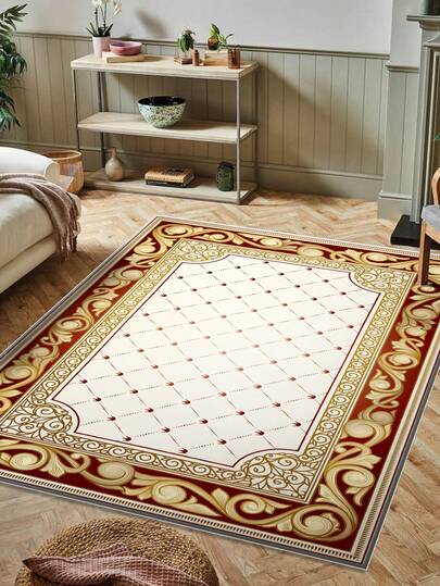 1pc White Frame Red Floral Pattern Living Room Floor Mat, Bedroom Decor, Home Casual Carpet, Decorative Rug, Bedroom Decor, Small Rug, Carpet, Home Decor, Living Room Carpet, Living Room Small Rug, Bedroom Carpet, Living Room Home Decor, Outdoor Rug, Fleece Carpet, Plush Carpet, Autumn/Winter Carpet, Thick/Fluffy, Washable Carpet