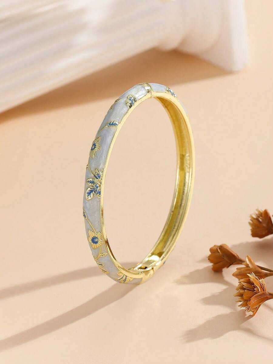 1pc Fashion New Gold Plated Small Flower Pattern Enamel Cloisonne Bracelet Bangle Jewelry For Girls And Women - Baby Blue - View 1