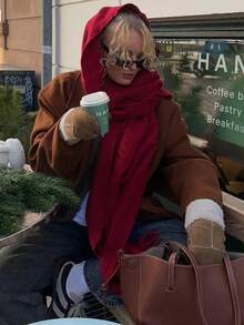 1条秋冬季高品质斜纹流苏纯色女士羊绒围巾，时尚休闲防风保暖披肩，舒适毯式围巾，适合日常佩戴，情人节配饰 - 酒紅色 - 查看 4