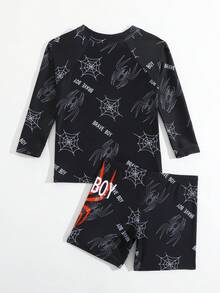 Conjunto de traje de baño de manga larga y pantalones cortos con estampado de araña para niños pequeños - Multicolor - Ver 2
