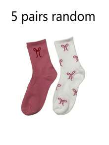 5双随机白色和粉色蝴蝶结装饰中筒袜，女士礼物，休闲，工作，情人节，斋月 - 彩色 - 查看 5