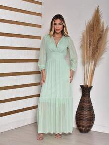 Women's Long Tulle Dress With Long Sleeves For Wedding Party - Mint Green - View 4