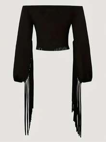 Women's Western Cowgirl Off-Shoulder Fringe Top, Sexy Slim Fitted Long Sleeve Tassel Blouse - màu xanh lá - Xem 5