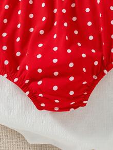 夏季女婴可爱红色波点蝴蝶结连体衣和蝴蝶结遮阳帽 - 紅色 - 查看 7