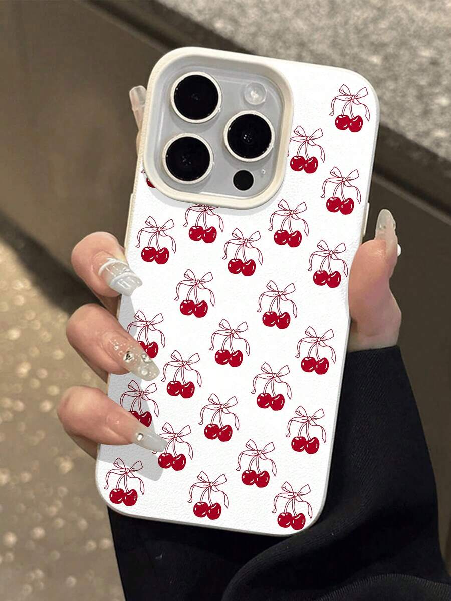 Estuche para teléfono con patrón de lazo de cereza compatible con 17, 16 Pro Max, 15 Pro Max, 13 y 12 Brinda protección contra golpes y caídas Una excelente opción para familiares, amigos, seres queridos, novios, novias y regalos de Año Nuevo - Blanco - Ver 1