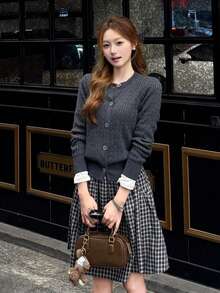 [Y6Y] Grey Elegant Cable Knit Button Cardigan, Women's Spring Daily Wear, Long Sleeve Round Neck Slim Fit - Dark Grey - View 3