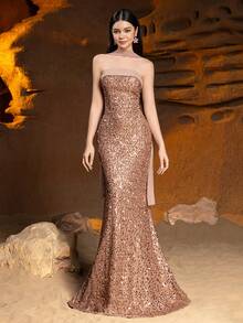 Alisa&Leo Sequin Mermaid Prom Dress - Strapless Sweetheart Neckline, High Slit Fishtail Hem - Suitable For Prom, Birthday Party, Wedding, And Formal Events - Champagne - View 9