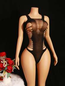 1pc Women's Black Spaghetti Strap Sheer Jumpsuit With Cutout Design, Rope Splice, Fashionable Minimalist Unique Charm Sexy Jumpsuit - Black - View 3