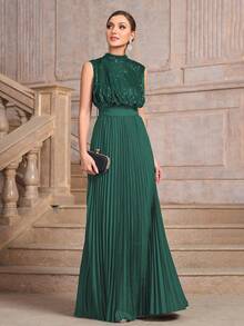 优雅褶皱蕾丝拼接纽扣女士正式晚礼服 - 綠色 - 查看 2