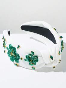 1pc Solid Color Fabric Wide Brim Knotted Headband, Fashionable Irish Festival Headpiece With Beaded Shamrock Jewel Decoration, Green Series, Versatile For Holiday - White - View 3