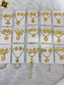 1/6/8 Sets Gold Classic Stainless Steel Jewelry Set, Floral Heart-Shaped Necklace And Earrings Set, Pendant Necklace, Suitable For Women's Daily Wear, Halloween Jewelry, Women's Autumn Accessories - Gold - View 2
