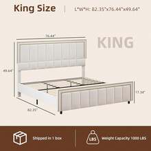 Queen Size Bed Frame With 50" Tall Headboard And Footboard, Chenille Upholstered Platform Bed, Vertical Channel Tufting With Nailhead Trim, Bedroom Deccor, Bedroom Furniture, Room Deocr, No Box Spring Needed, Easy Assembly, Full/ Queen/ King, Beige/ Black - 米色 - 查看 9