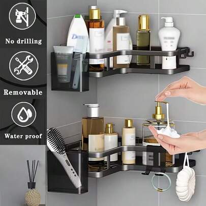 Corner Adhesive Shower Rack, Rust-Proof Stainless Steel Bathroom Storage Rack, No Drilling Required Wall-Mounted Rack, 2-Pack With Hooks, Used For Organizing And Storing Shower Gel, Shampoo, Cosmetics, Etc. In The Bathroom And Toilet, And Can Also Be Used For Storing Condiments In The Kitchen And Organizing In The Study.