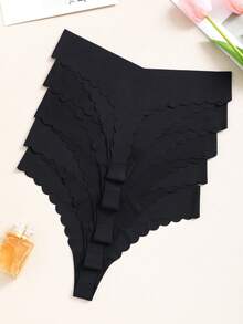 5pcs/Pack Women's Seamless Thong Panties, Low Waist Black Smooth Silky Invisible Underwear With Ruffled Trim, Basic Satin Sexy Thong, Thin Breathable G-String - Black - View 2