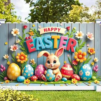 Easter Party Backdrop With Rabbit And Eggs Theme, Made Of Polyester Fabric, Printed With "Happy Easter" Text. Available In 3 Sizes, Ideal For Easter Party Decor, Photography Background, Suitable For Indoor/Outdoor Use.