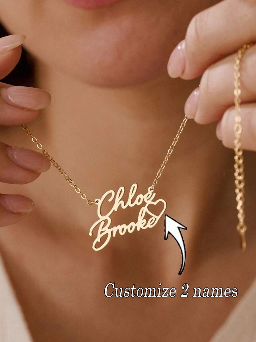 1PC Personalized Double Name Heart Necklace, Custom Gold Name Necklace, Stainless Steel Necklace, Women's Necklace, Custom Women's Jewelry, Couple Necklace, Valentine's Day Gift For Her - Multicolor - View 1