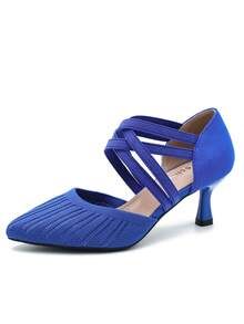 MAIERNISI JESSI Women's Low Kitten Heels Knit Pumps Elastic Crisscross Ankle Strap Slip On Dress Shoes - Royal Blue - View 8
