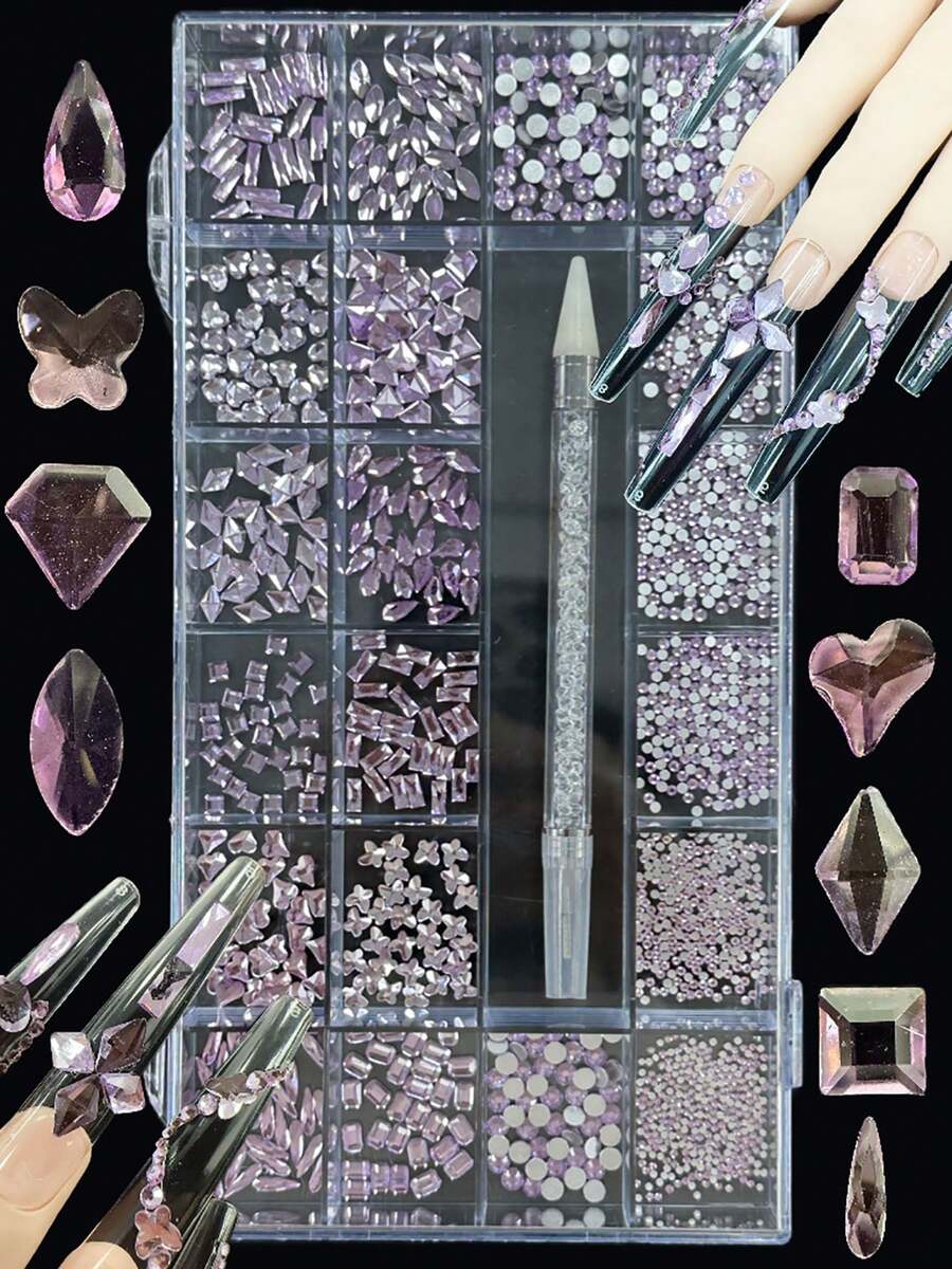 KIRAME 21 Compartments DIY Nail Art K9 Glass Purple Flat Bottom Rhinestone Set - 30pcs High Gloss Rhinestones Per Style, Includes 1 Dotting Pen, Nail Gems, Suitable For Nail Salons, Home Manicure, Nail Art Supplies, Christmas, New Year, Valentine's Day Nails, Holiday Gifts, Also For Crafts, Clothing, Textiles, Shoes, Glassware, Jewelry Making - Multi-Size Sparkling Decorations - 紫色 - 查看 1