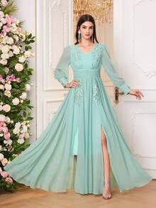Đầm dài tay cổ chữ V dáng chữ A thanh lịch dành cho nữ, được làm từ vải dệt, có chi tiết xẻ tà và khóa kéo, vạt xòe nhẹ, thích hợp cho mùa xuân. - Màu xanh Bạc hà - Xem 7