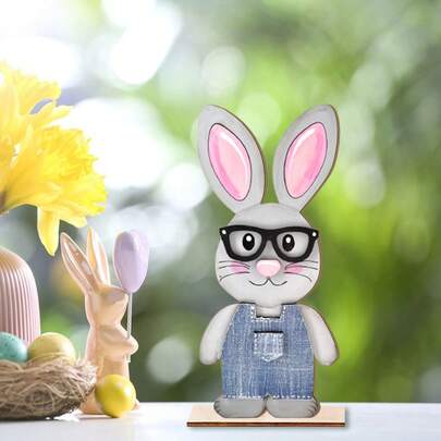 Easter Bunny Wooden Tabletop Sign - Adorable Standing Rabbit Decor With Glasses And Denim Jacket, Perfect For Home Party Decoration