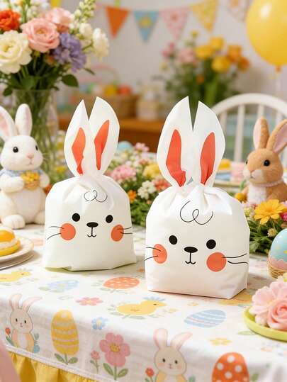复活节兔子糖果袋，兔子糖果礼品袋，长耳朵派对礼品袋，带束口塑料复活节糖果袋，适用于包装礼品、饼干、派对用品