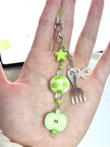1pc Handmade Mint Green Apple Original Design Phone Lanyard Charm, Featuring Beads, Stars, Bow Tie, Suitable For Everyday Use