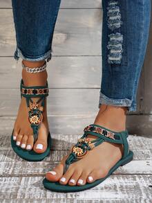 Dép xỏ ngón đế bằng nữ kiểu dáng mới, họa tiết hoa 3D đính cườm kẻ sọc, dép quai chữ T thanh lịch, bóng bẩy, phong cách bohemian cổ điển. - Màu xanh lam - Xem 3