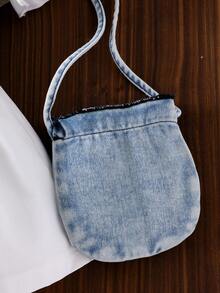 Baby Girl 3-Piece Set: Cherry Embroidered Denim Cropped Vest Jacket, Sleeveless Top, And Collared Lantern Sleeve Belted Shirt Dress With Denim Crossbody Bag