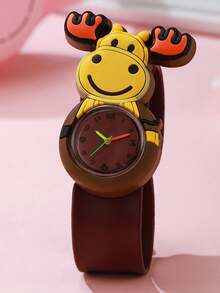 1pc Cute Cartoon Pattern Minimalist Small Kids Macaron Color Slap Watch, Silicone Quartz Electronic Watch, Suitable For Birthday Gift, Halloween Gift, Year-End Promotion, Singles Day - Brown - View 4